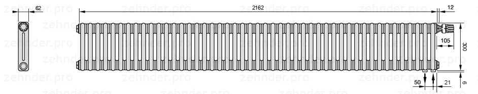 Схема (чертеж) Радиатор Zehnder Charleston 2030/47 №V002 Белый глянцевый RAL 9016